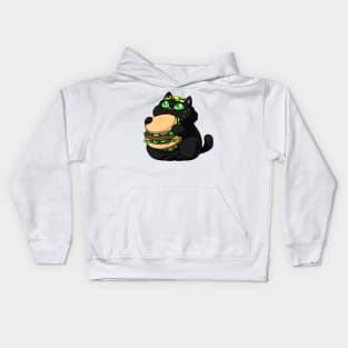 Black Fat cat eating burger Kids Hoodie